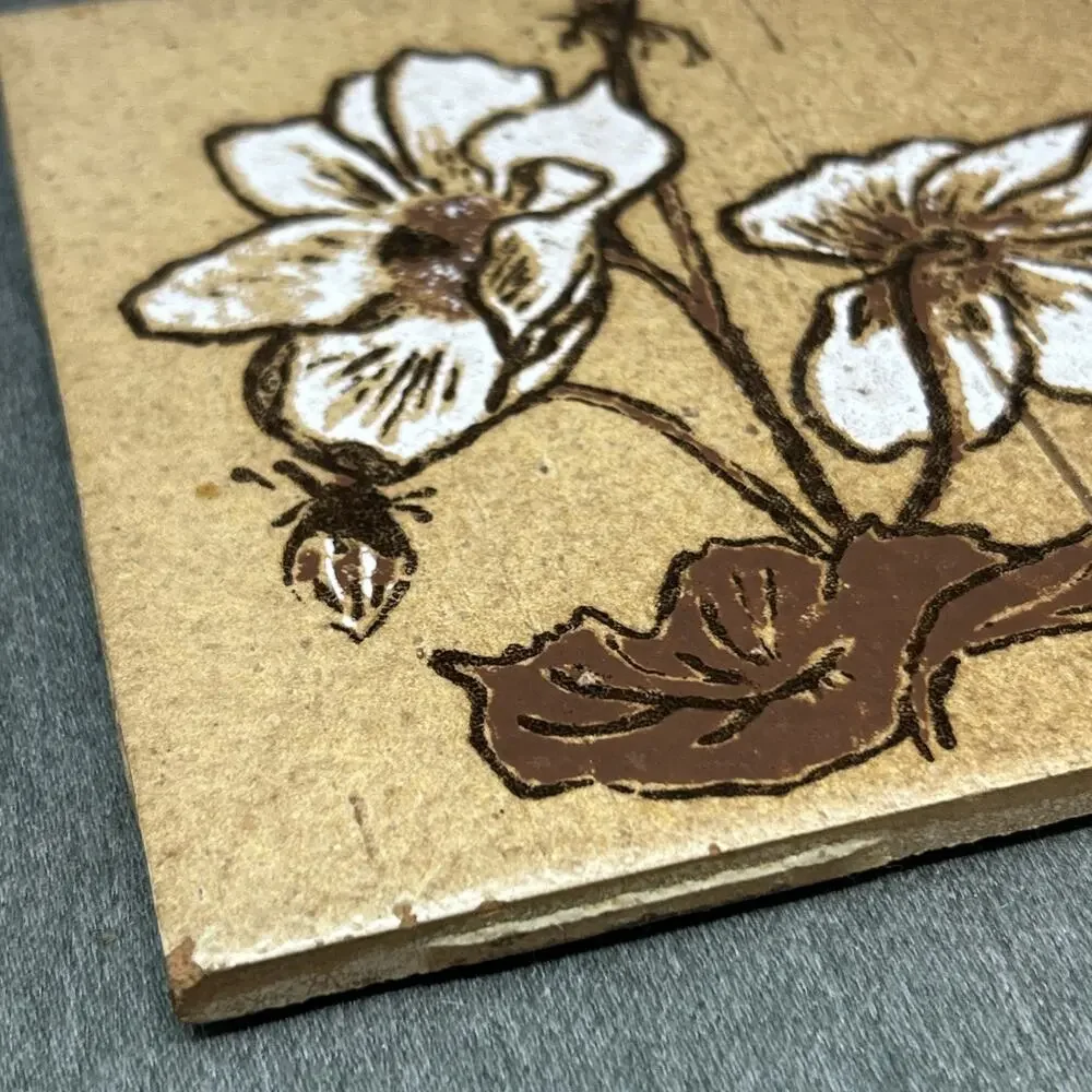 Vintage Ceramic Tile Trivet Brown Yellow Flowers 6